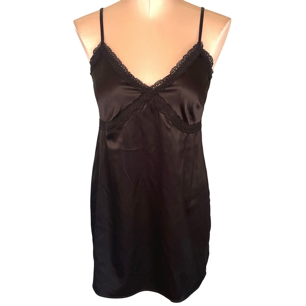Colsie Black Satin Lace Trim Slip Dress XS Babydoll Chemise Vamp Dark Romantic